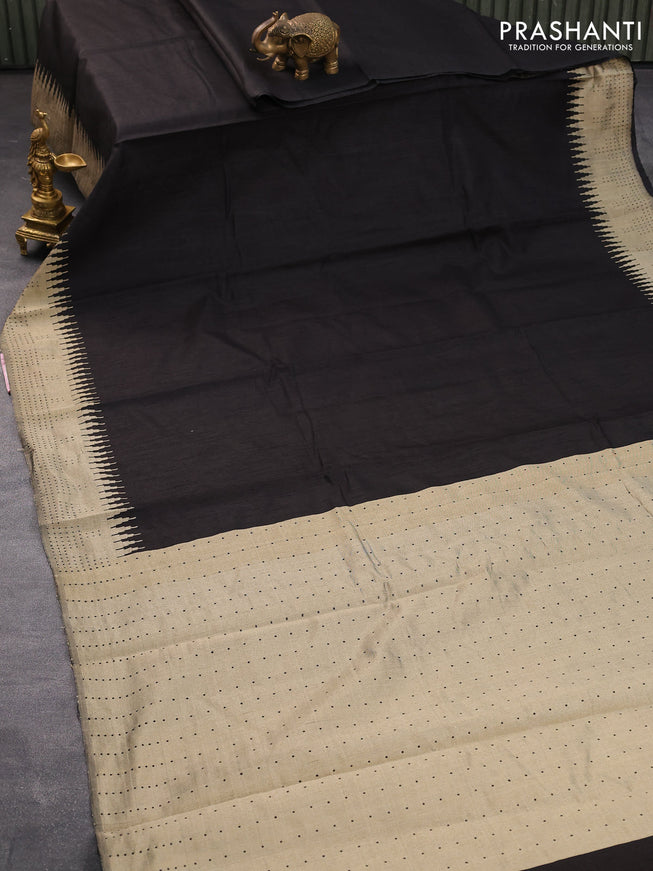 Dupion silk saree black and beige with plain body and temple design thread woven border