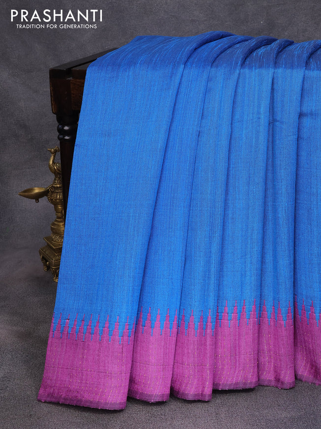 Dupion silk saree cs blue and purple with plain body and temple woven zari border