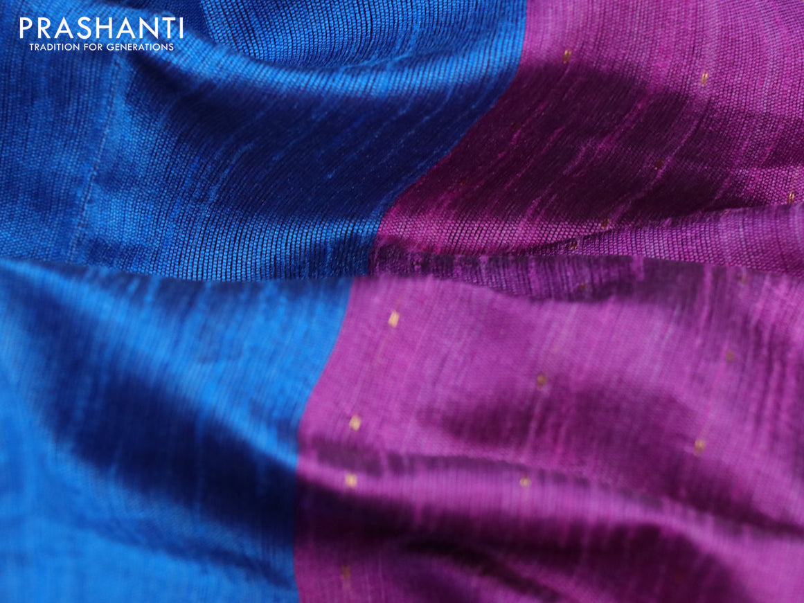 Dupion silk saree cs blue and purple with plain body and temple woven zari border