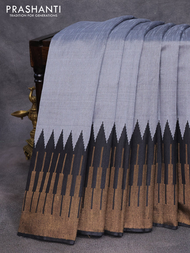 Dupion silk saree grey and black with plain body and temple design long zari woven border
