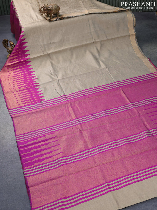 Dupion silk saree grey shade and purple with plain body and temple design long zari woven border