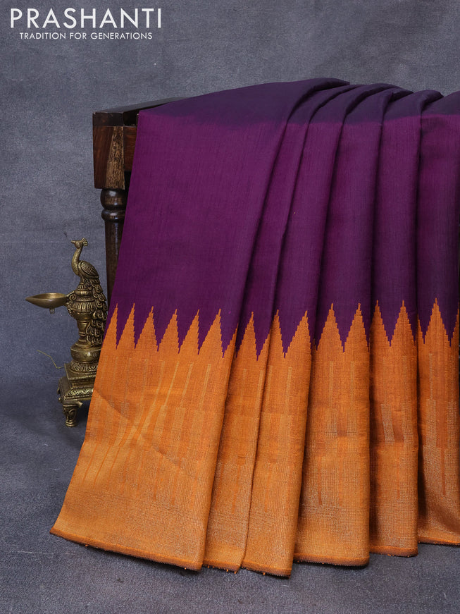 Dupion silk saree deep purple and orange with plain body and temple design long zari woven border