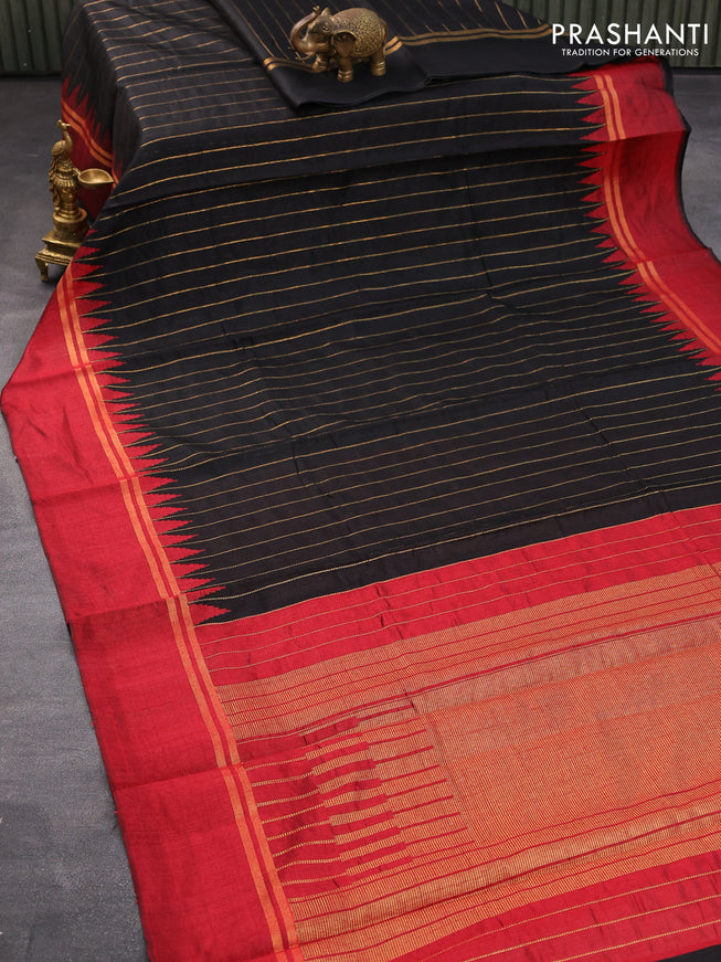 Dupion silk saree black and maroon with allover zari weaves and temple design zari woven simple border