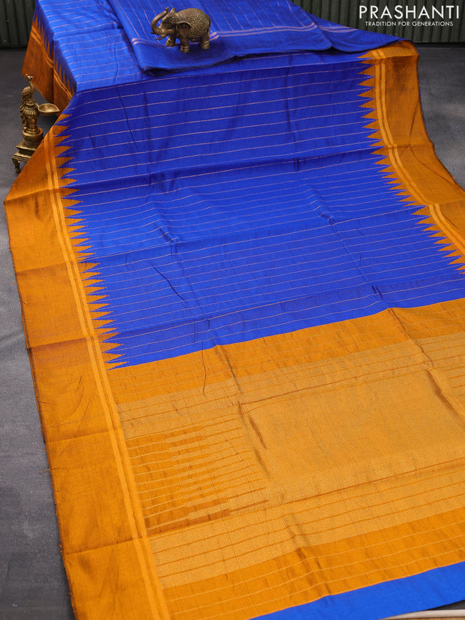 Dupion silk saree blue and dark mustard with allover zari stripe weaves and temple design zari woven simple border