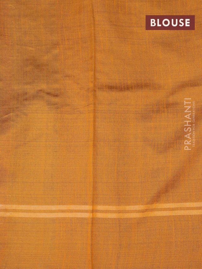 Dupion silk saree blue and dark mustard with allover zari stripe weaves and temple design zari woven simple border