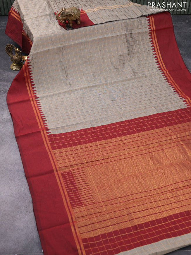 Dupion silk saree grey shade and maroon with allover checked pattern and temple design zari woven simple border