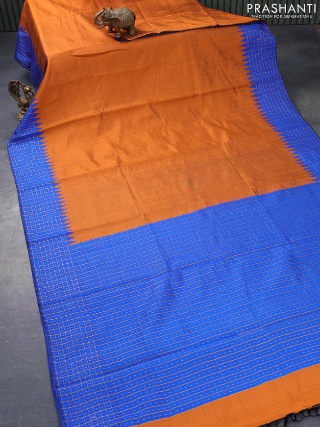 Dupion silk saree rustic orange and royal blue with plain body and temple design zari checked border