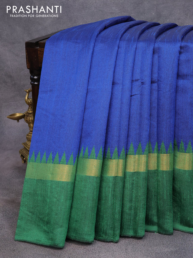 Dupion silk saree blue and green with plain body and long temple design zari woven simple border