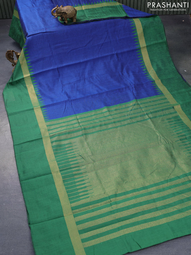 Dupion silk saree blue and green with plain body and long temple design zari woven simple border