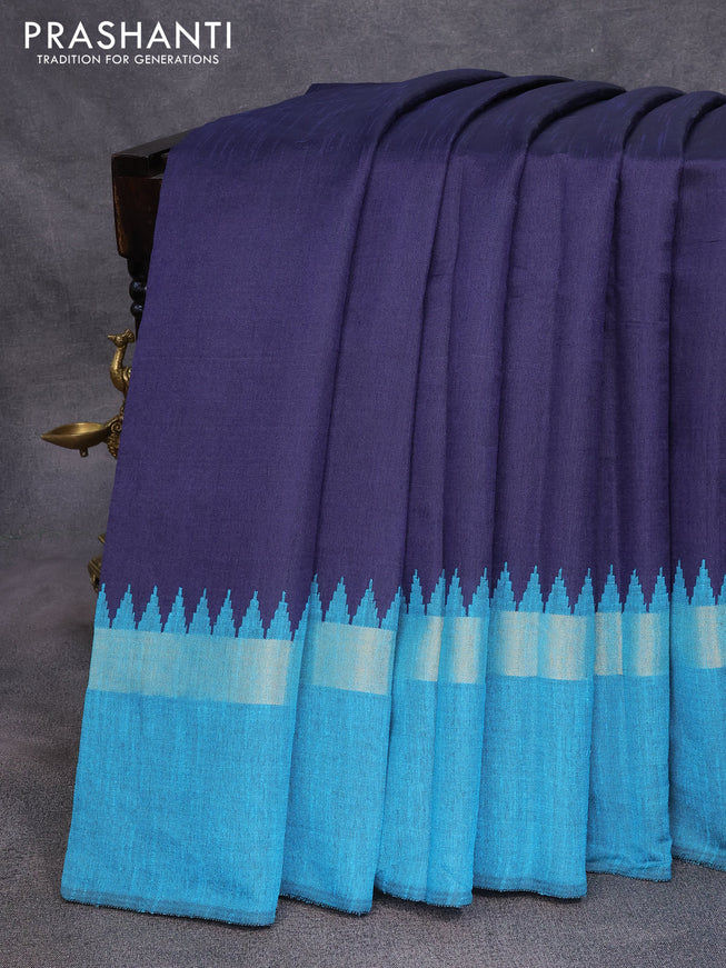 Dupion silk saree dark navy blue and teal blue with plain body and long temple design zari woven simple border