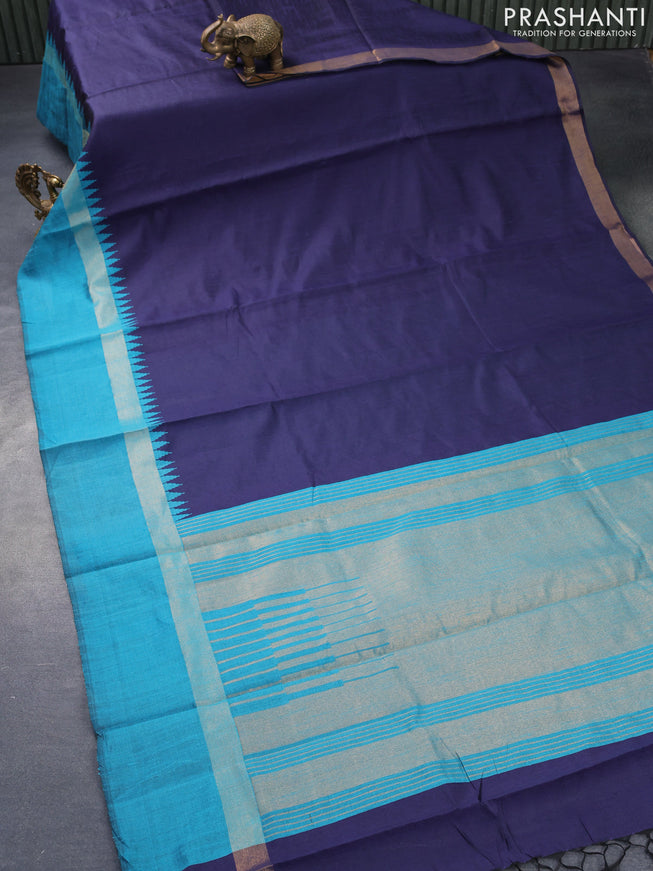 Dupion silk saree dark navy blue and teal blue with plain body and long temple design zari woven simple border