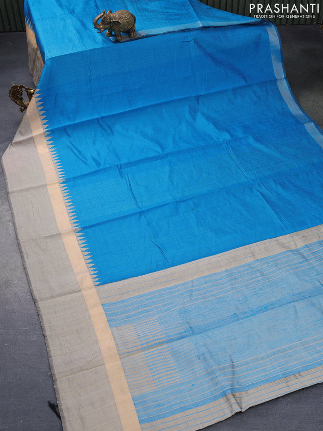 Dupion silk saree cs blue and beige with plain body and long temple design zari woven simple border