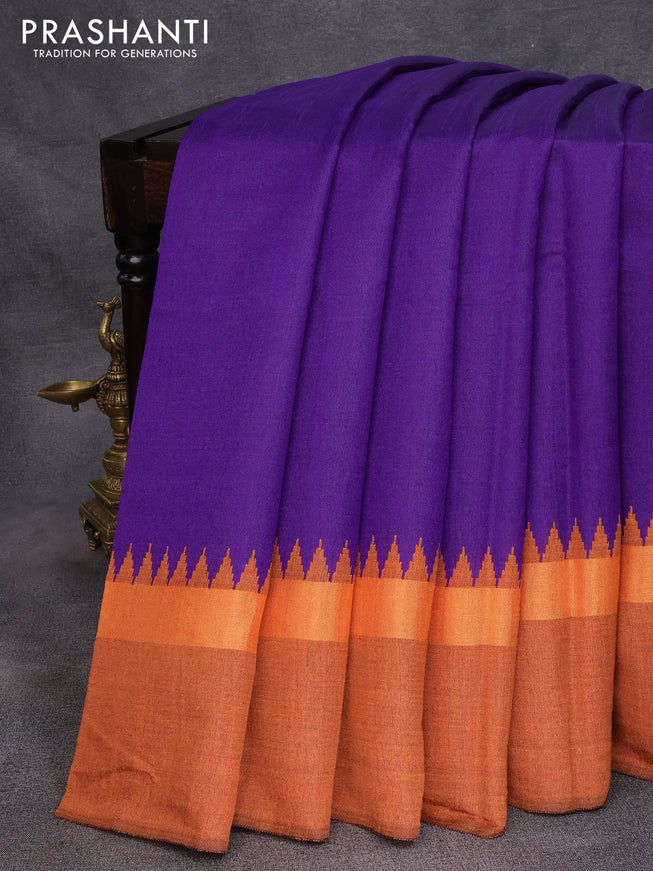 Dupion silk saree deep violet and rustic orange with plain body and long temple design zari woven simple border