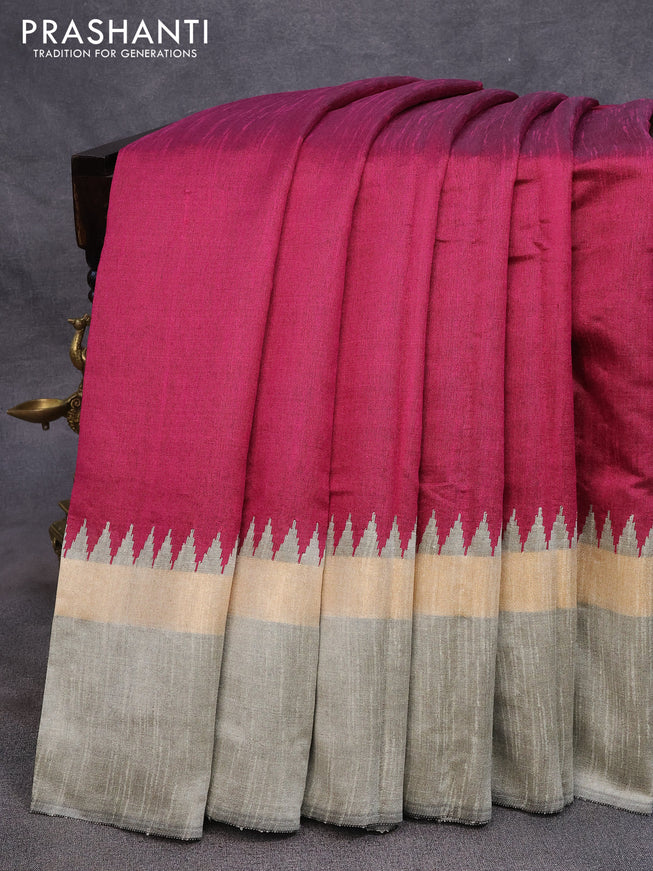 Dupion silk saree magenta pink and grey shade with plain body and long temple design zari woven simple border
