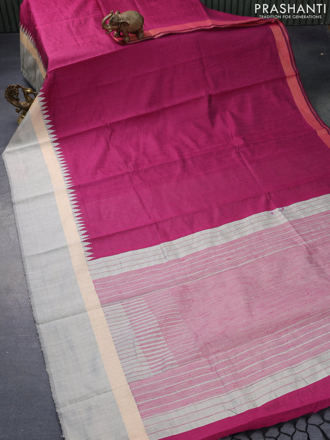 Dupion silk saree magenta pink and grey shade with plain body and long temple design zari woven simple border
