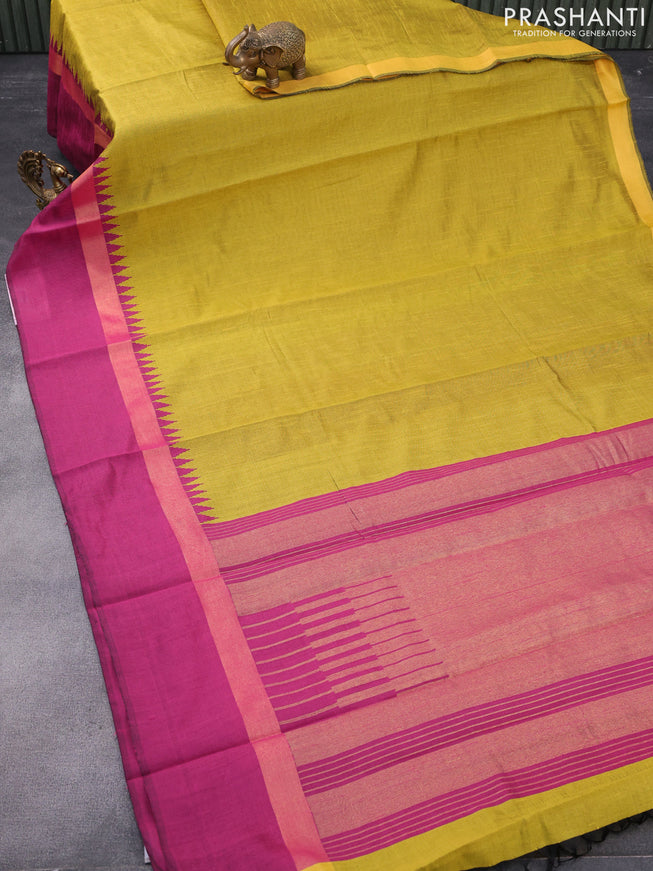 Dupion silk saree yellow shade and magenta pink with plain body and long temple design zari woven simple border