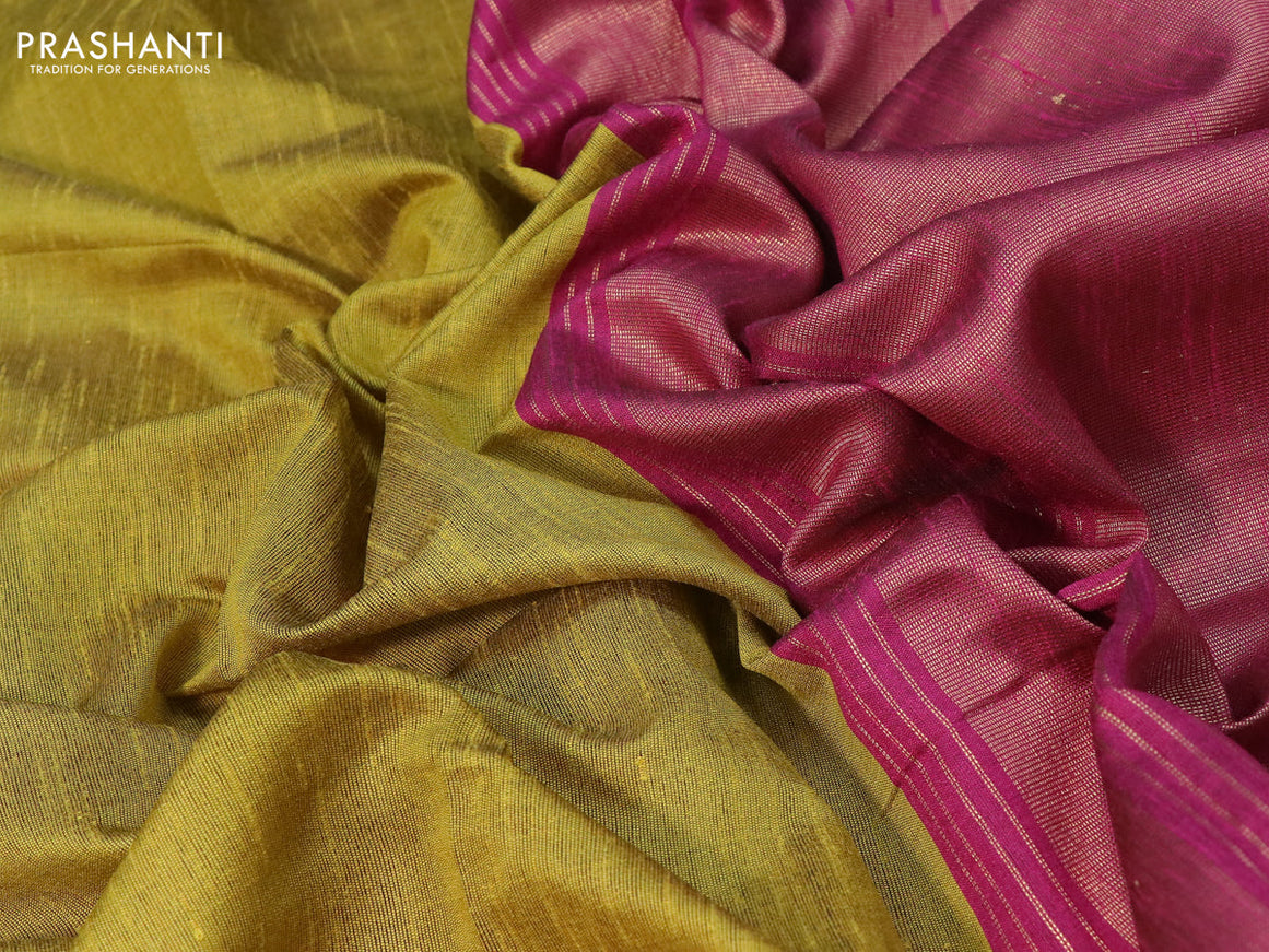 Dupion silk saree yellow shade and magenta pink with plain body and long temple design zari woven simple border