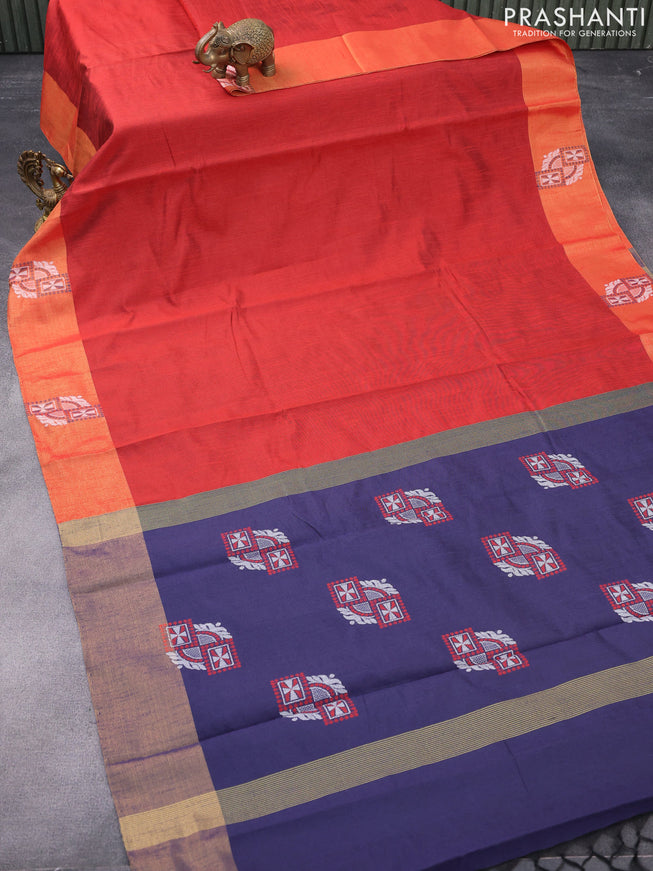 Dupion silk saree red and blue with plain body and zari woven butta border