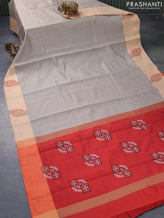 Dupion silk saree grey shade and red with plain body and zari woven butta border