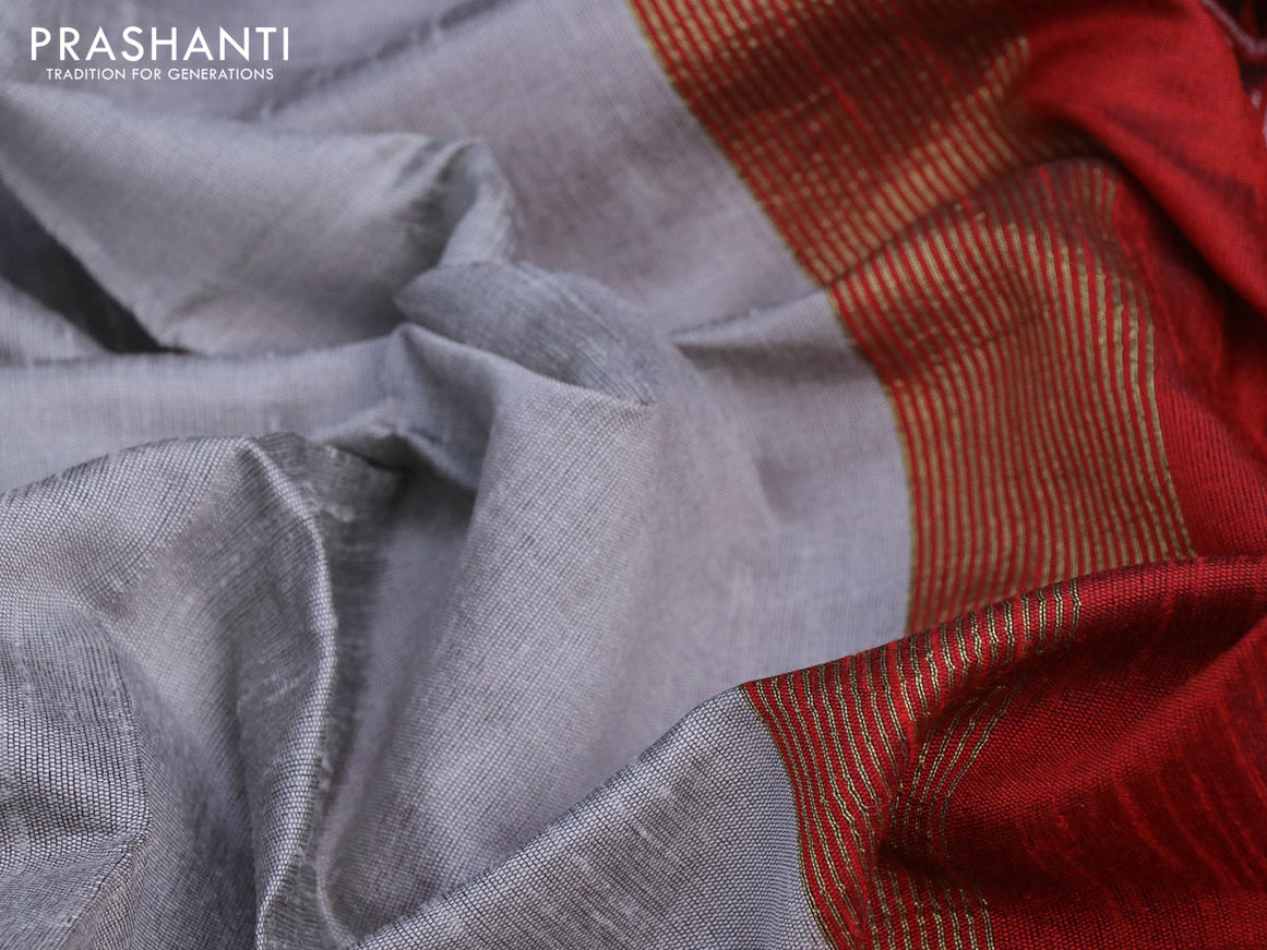 Dupion silk saree grey and red with plain body and zari woven butta border