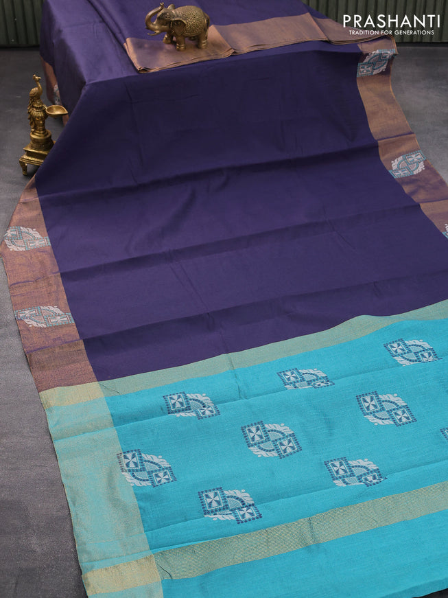 Dupion silk saree dark blue and teal blue with plain body and zari woven border