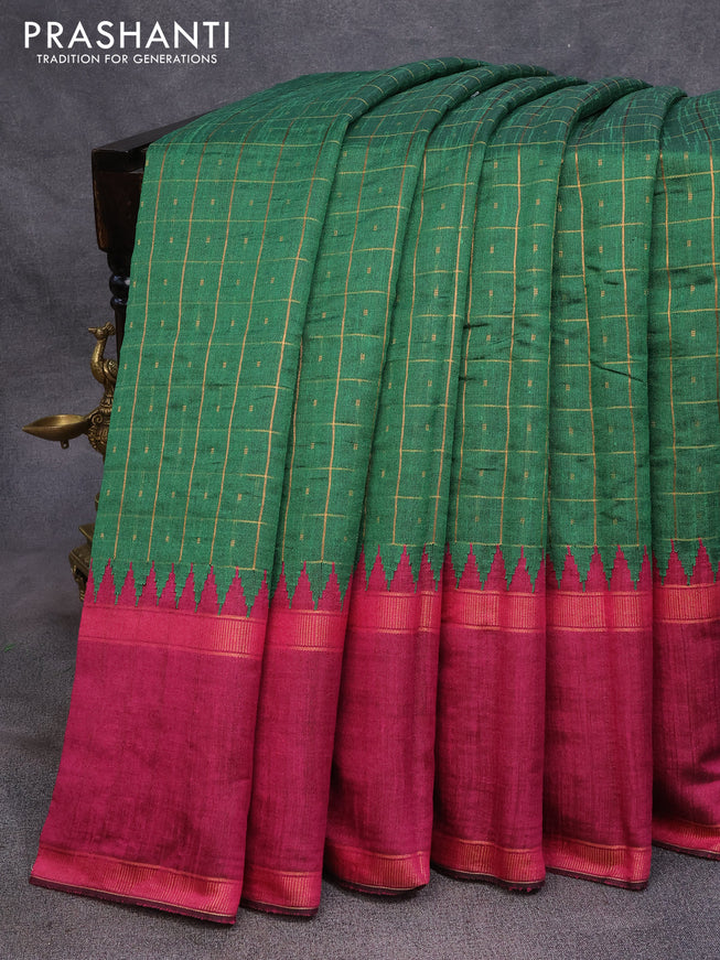 Dupion silk saree green and dark magenta with zari checked pattern & buttas and temple design rettapet zari woven border