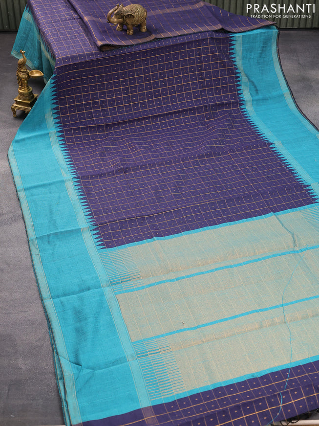 Dupion silk saree navy blue and teal blue with zari checked pattern & buttas and temple design rettapet zari woven border