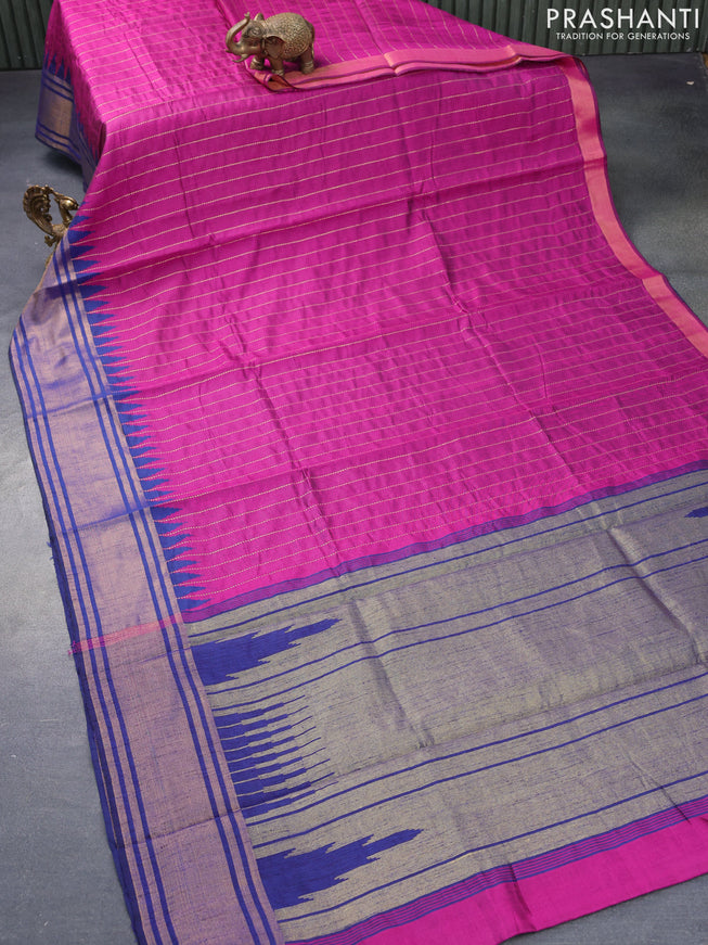 Dupion silk saree purple and blue with allover zari stripe weaves and temple design zari woven border