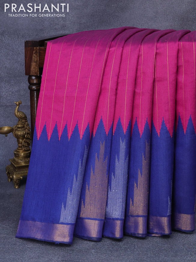 Dupion silk saree magenta pink and dark blue with allover zari stripe weaves and temple design zari woven border