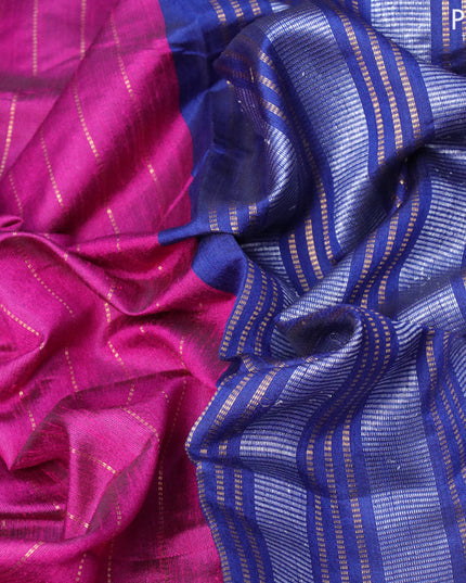 Dupion silk saree magenta pink and dark blue with allover zari stripe weaves and temple design zari woven border