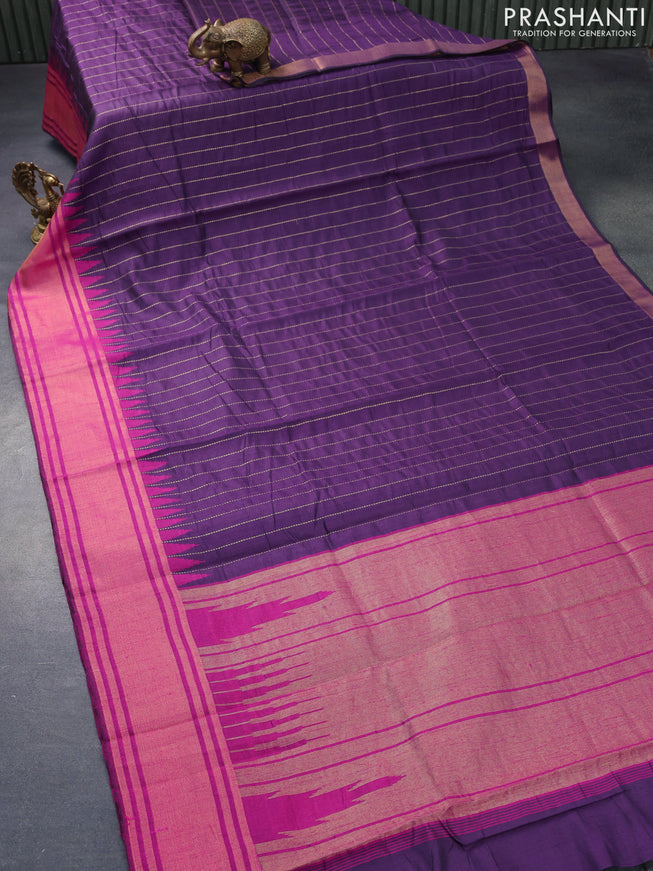 Dupion silk saree deep purple and purple with allover zari stripe weaves and temple design zari woven border