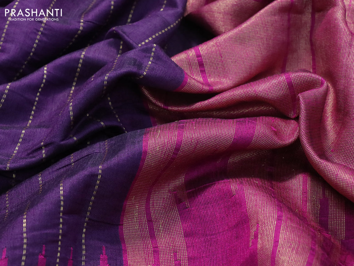 Dupion silk saree deep purple and purple with allover zari stripe weaves and temple design zari woven border