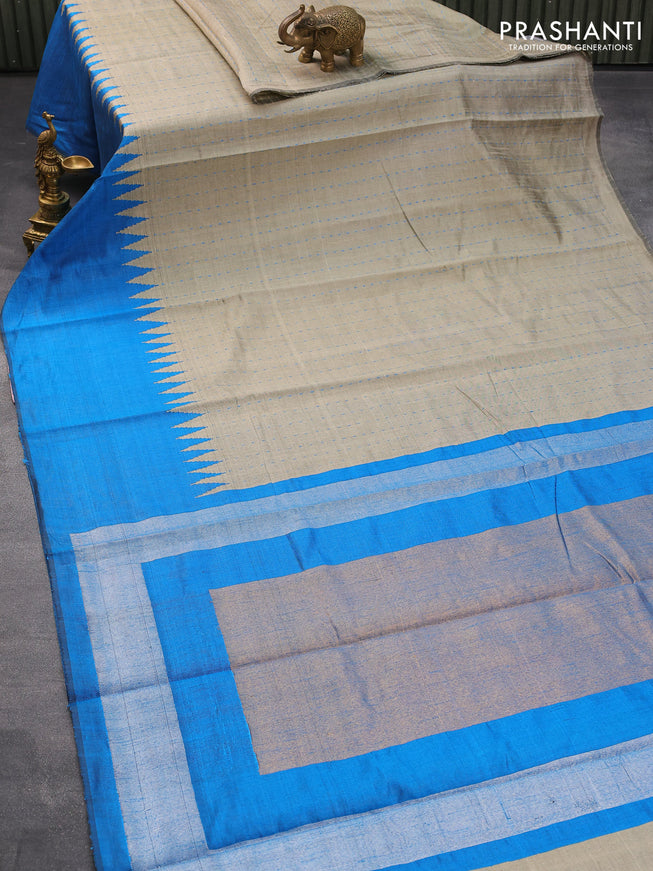 Dupion silk saree grey shade and cs blue with allover thread weaves and temple design woven border