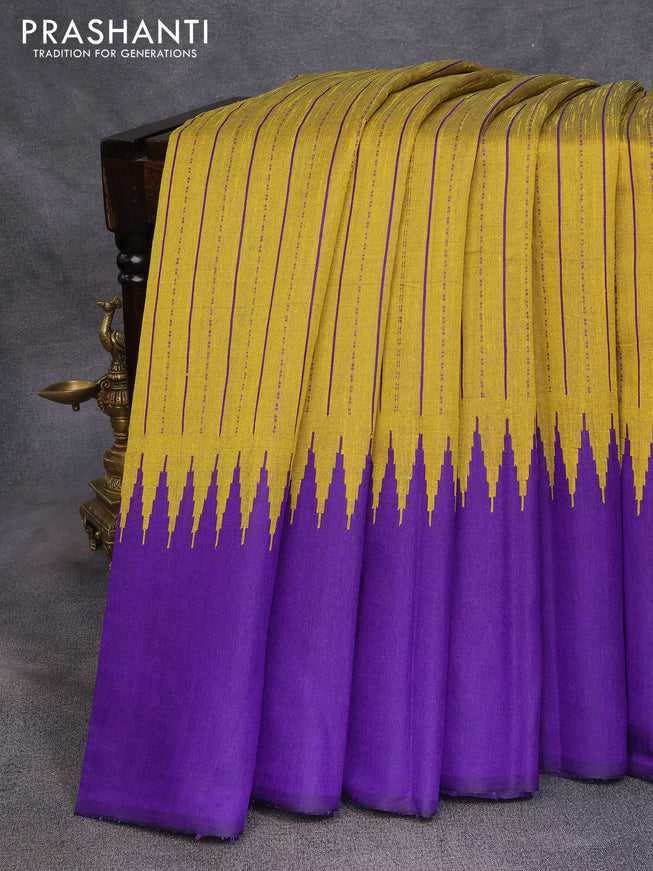 Dupion silk saree mustard shade and violet with allover thread weaves and temple design woven border