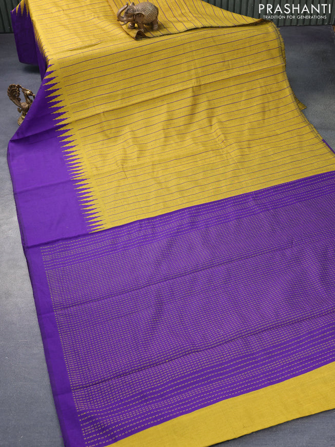 Dupion silk saree mustard shade and violet with allover thread weaves and temple design woven border