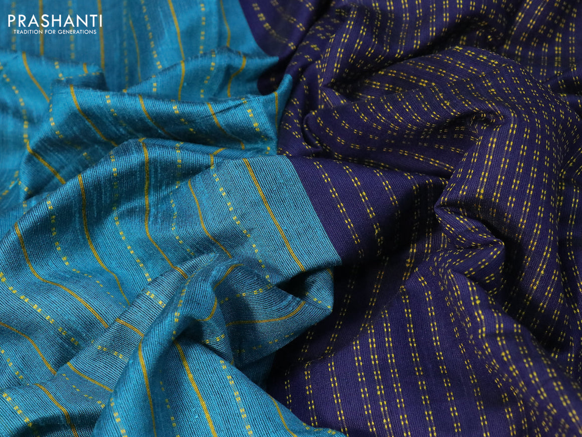Dupion silk saree blue shade and navy blue with allover thread weaves and temple design woven border