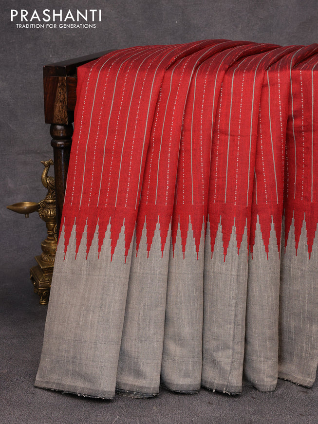 Dupion silk saree maroon and grey with allover thread weaves and temple design woven border