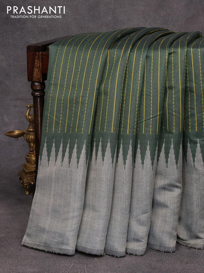 Dupion silk saree dark green and grey with allover thread weaves and temple design woven border