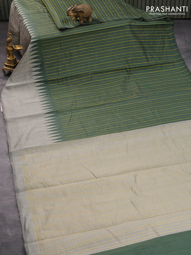 Dupion silk saree dark green and grey with allover thread weaves and temple design woven border