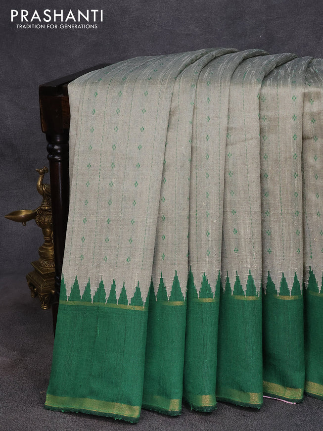 Dupion silk saree grey shade and green with allover thread woven butta weaves and temple design rettapet zari woven border