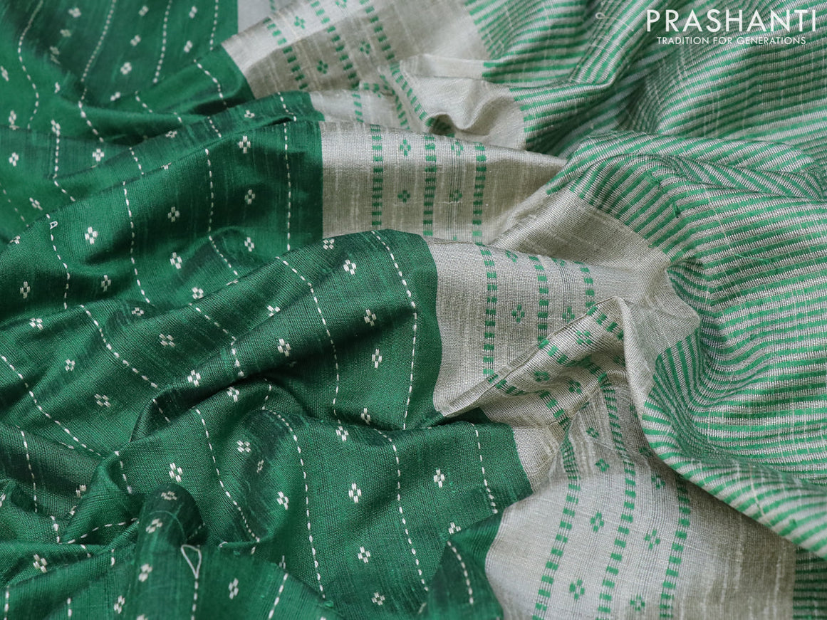 Dupion silk saree green and beige with allover thread weaves and temple design rettapet zari woven border