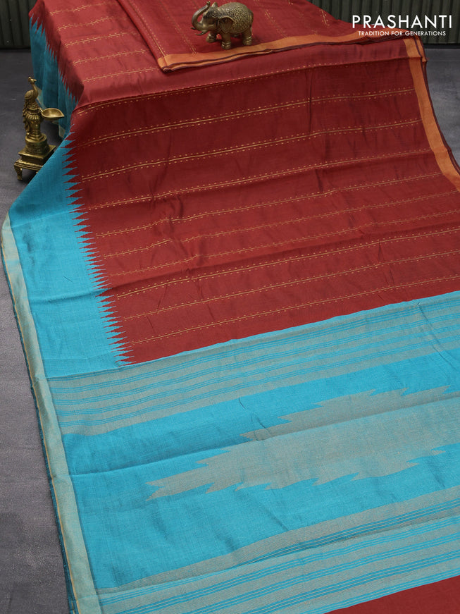 Dupion silk saree rust shade and teal blue shade with allover zari weaves and temple design zari woven border
