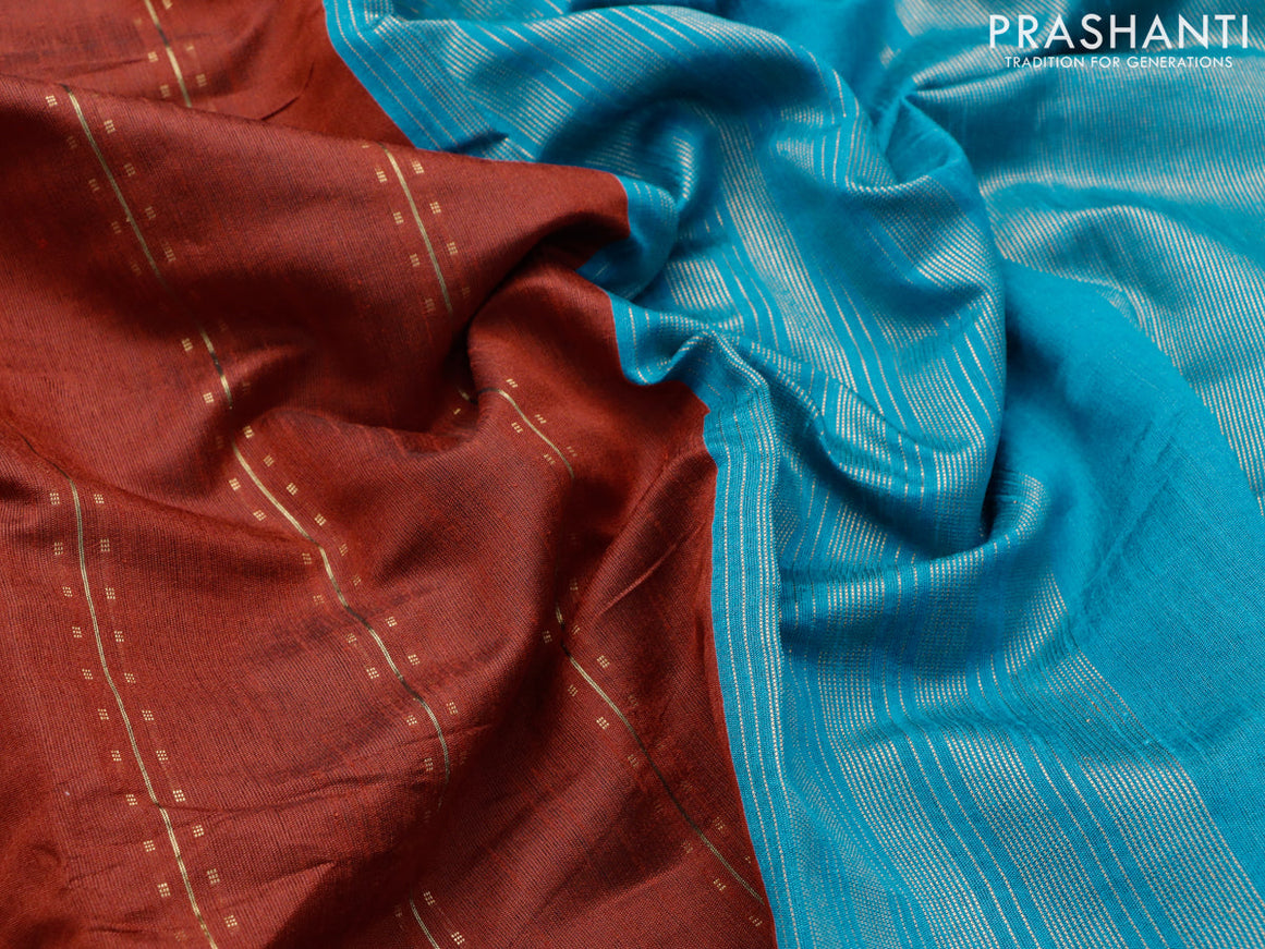 Dupion silk saree rust shade and teal blue shade with allover zari weaves and temple design zari woven border