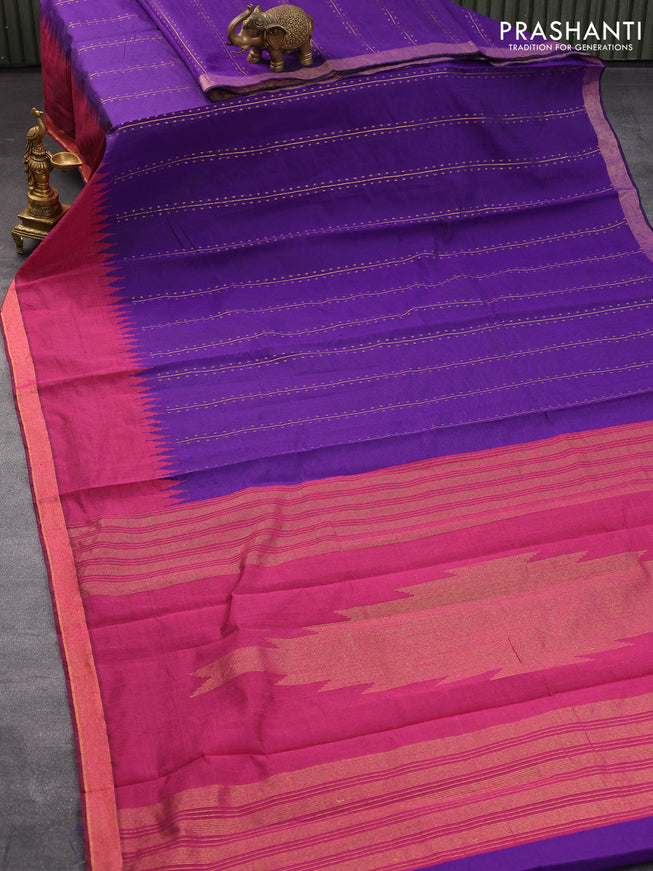 Dupion silk saree violet and magenta pink with allover stripes zari weaves and temple design zari woven border