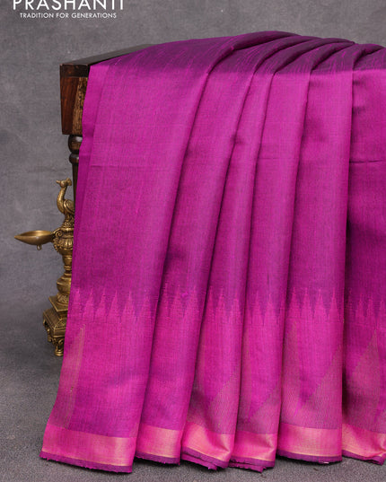 Dupion silk saree purple and magenta pink with plain body and temple design zari woven border