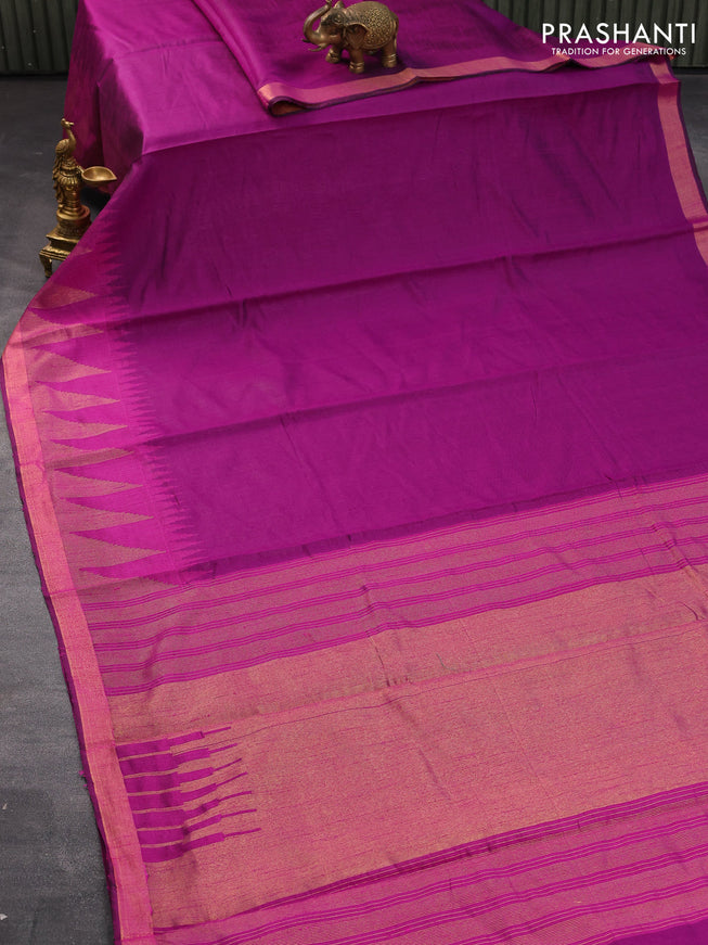 Dupion silk saree purple and magenta pink with plain body and temple design zari woven border