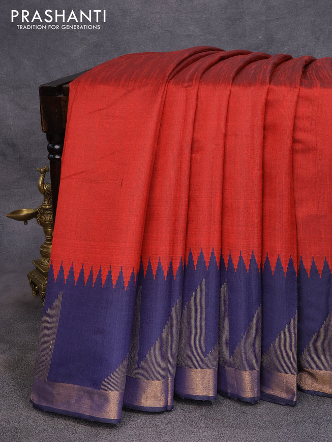 Dupion silk saree maroon and navy blue with plain body and temple design zari woven border
