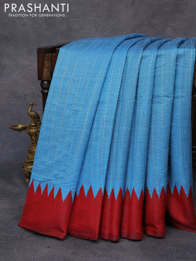 Dupion silk saree light blue and maroon with allover stripes zari weaves and temple design simple border