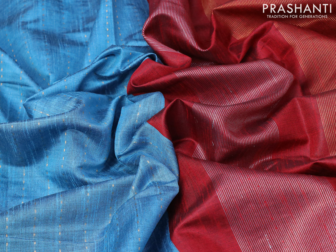 Dupion silk saree light blue and maroon with allover stripes zari weaves and temple design simple border