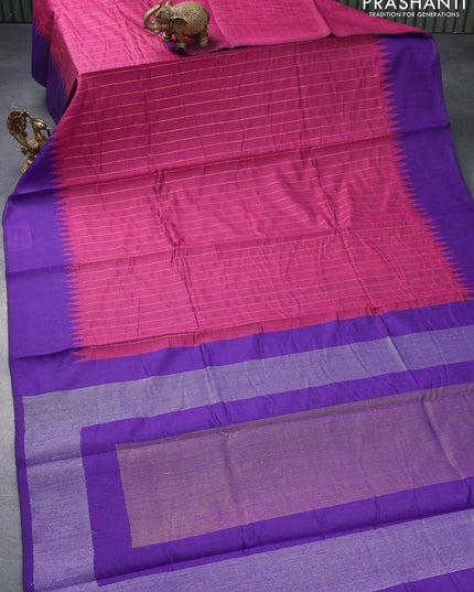 Dupion silk saree magenta pink and violet with allover stripes zari weaves and temple design simple border